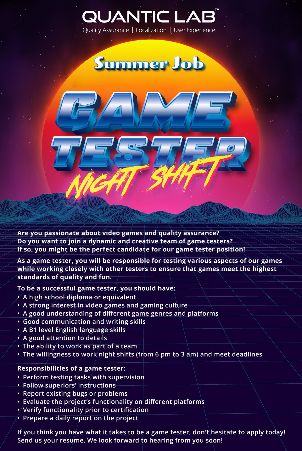Night Shift - Summer Job - Game Tester - Cluj-Napoca Office