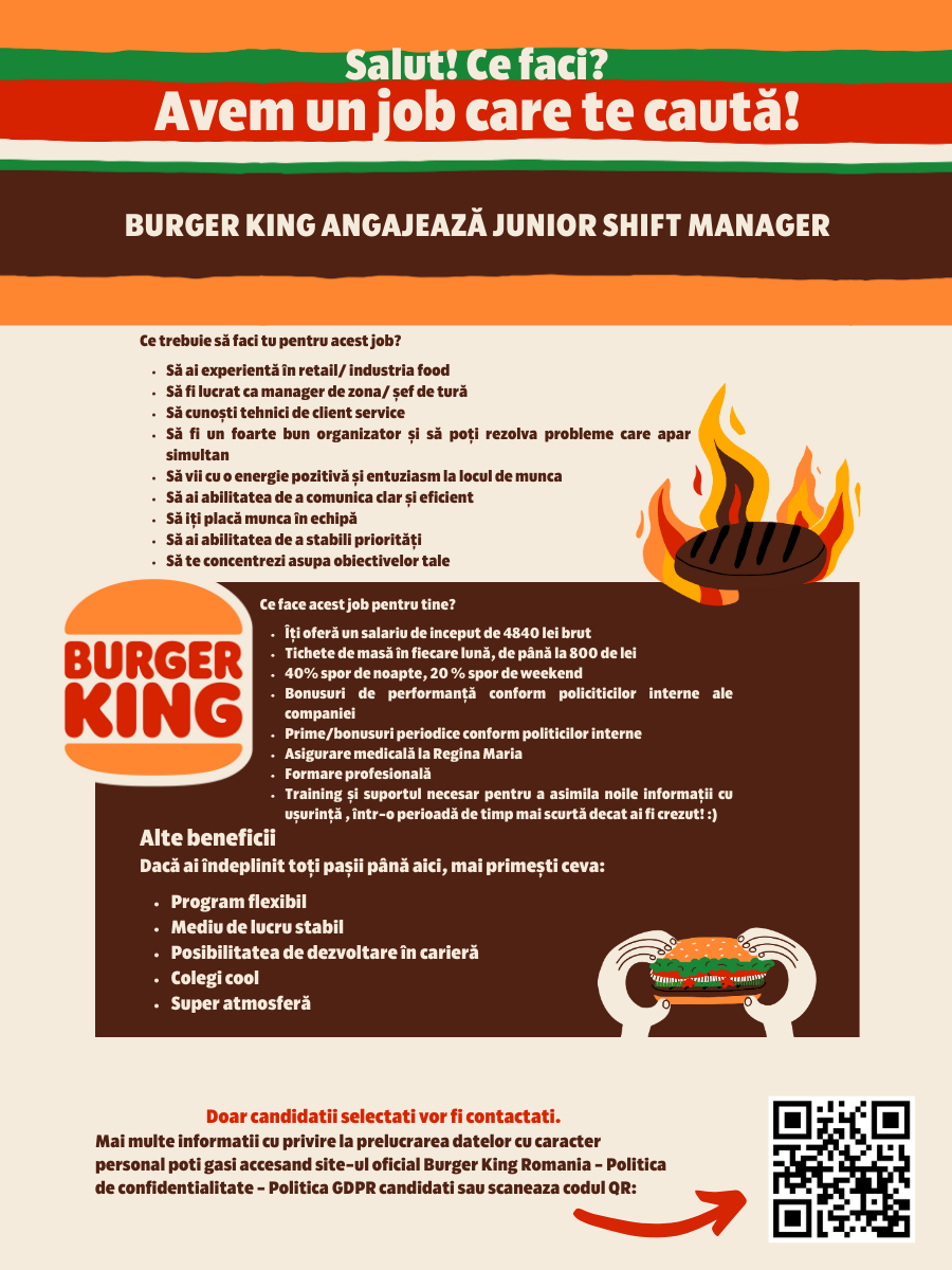 Burger King angajeaza Junior Shift Manager Bucuresti