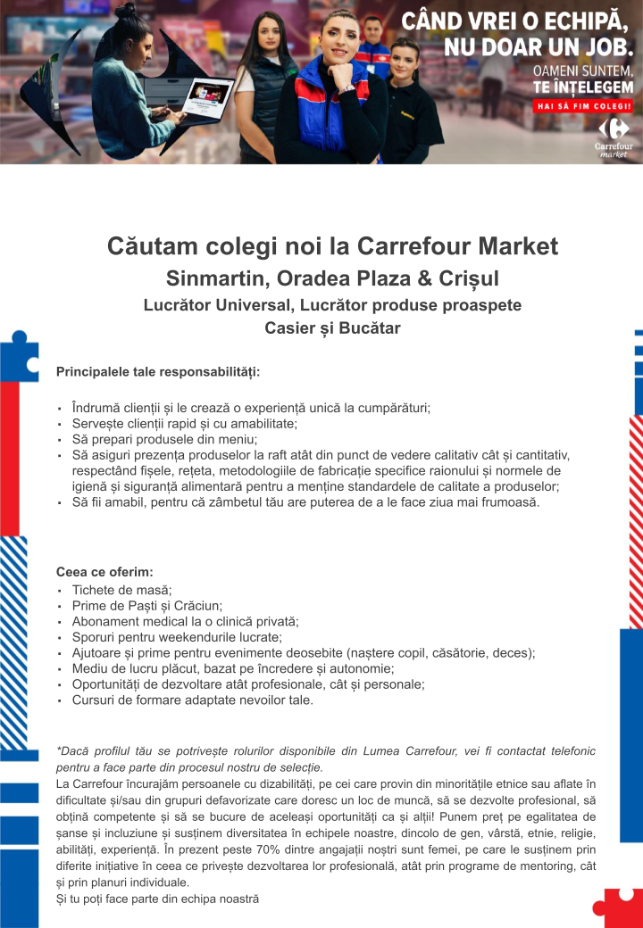 Cautam colegi noi Carrefour - Oradea & Plaza, Sanmartin,
