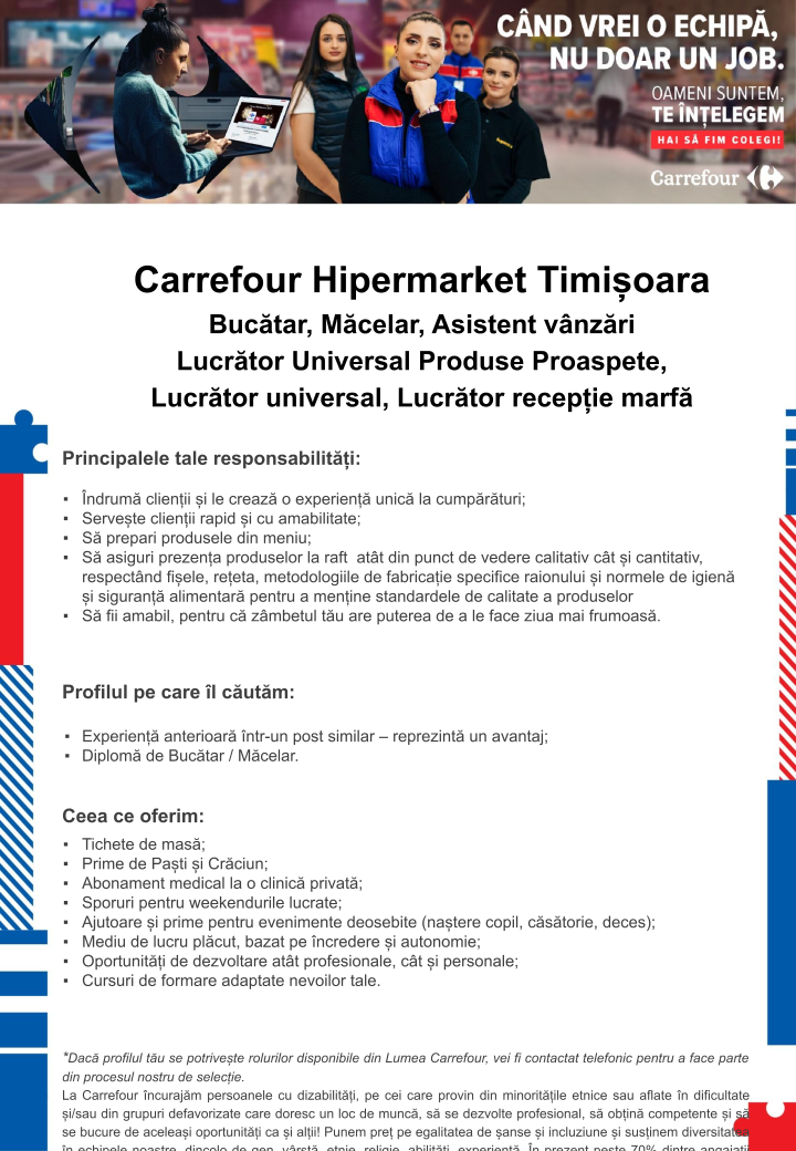Cautam colegi noi la Hipermarket Carrefour Timisoara