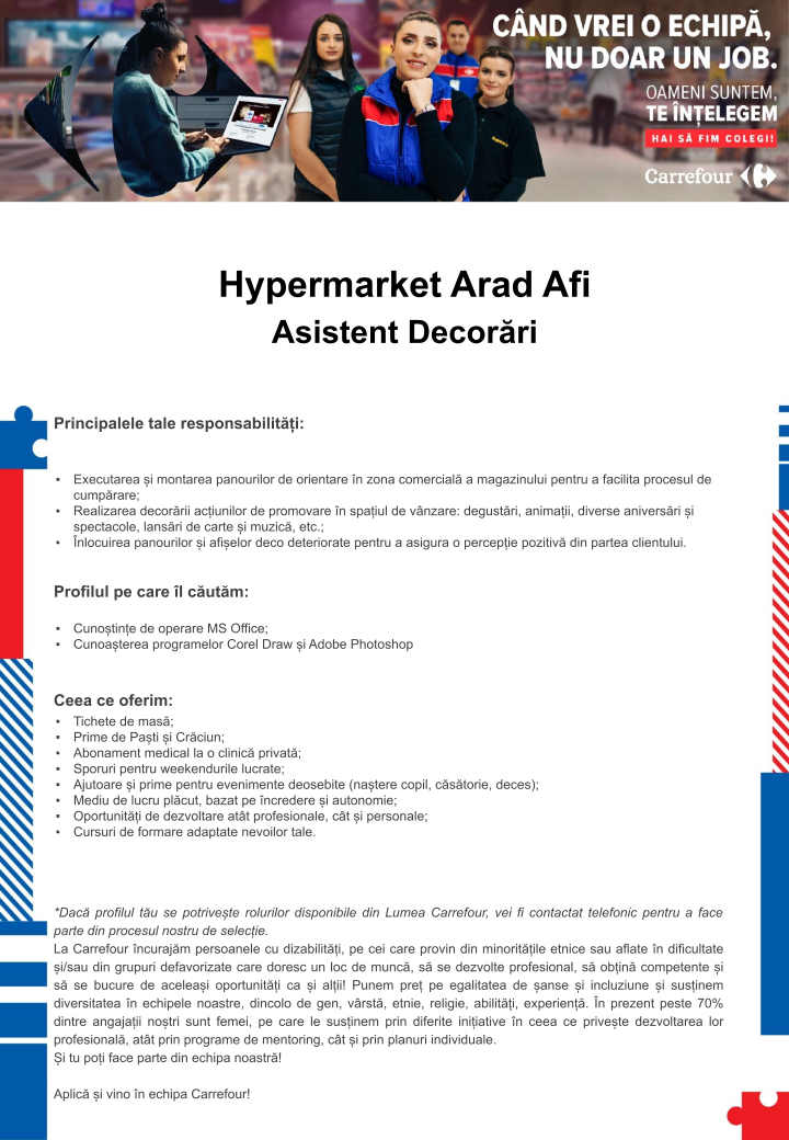 Asistent Decorari pentru Hipermarket Carrefour Arad AFI