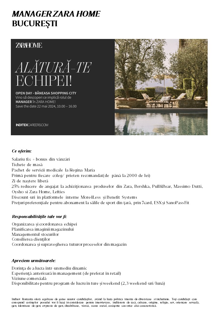 OPEN DAY EVENT, 22 mai 2024 –  MANAGER ZARA HOME