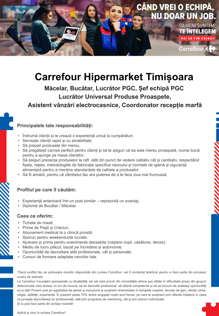 Cautam colegi noi la Hipermarket Carrefour Timisoara
