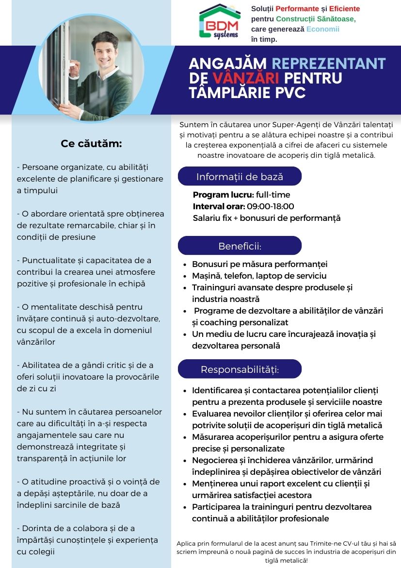 Agent Vanzari / Reprezentant Vanzari Tamplarie PVC