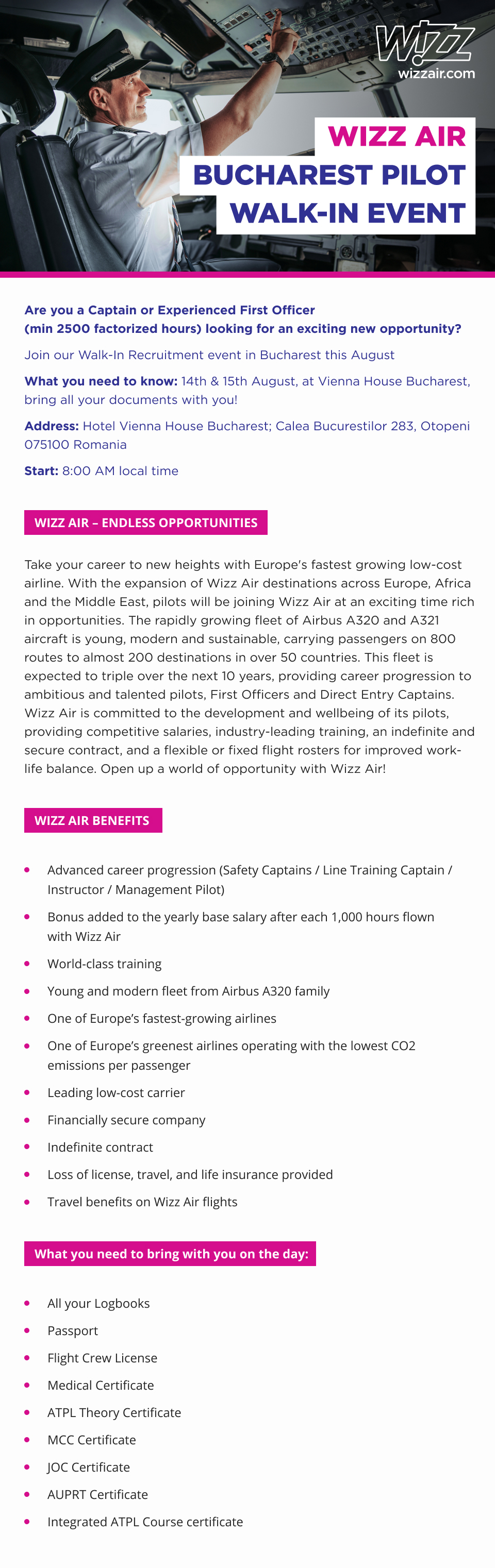 WIZZ AIR BUCHAREST PILOT WALK-IN EVENT 14th - 15th August 2024