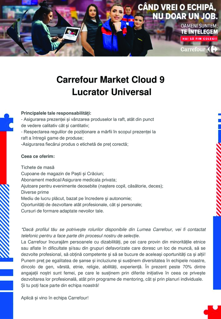 Cautam colegi noi pentru Carrefour Market Cloud 9