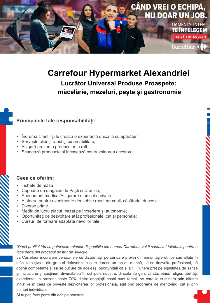 Lucrator produse proaspete Carrefour Hypermarket Alexandriei