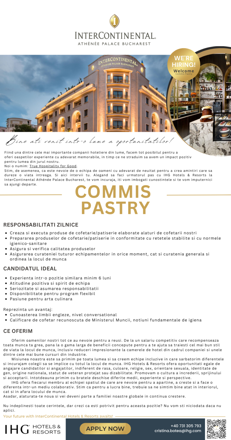 Commis Pastry / Ajutor Cofetar Patiser