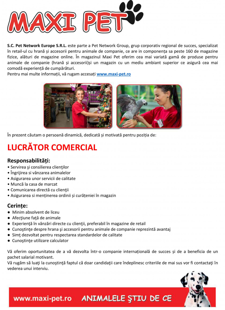 LUCRATOR COMERCIAL -Maxi Pet SUCEAVA,MILITARI,PITESTI,CLUJ