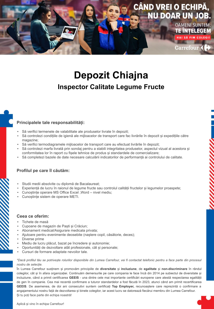 Inspector Calitate Legume Fructe - Depozit Carrefour Cefin