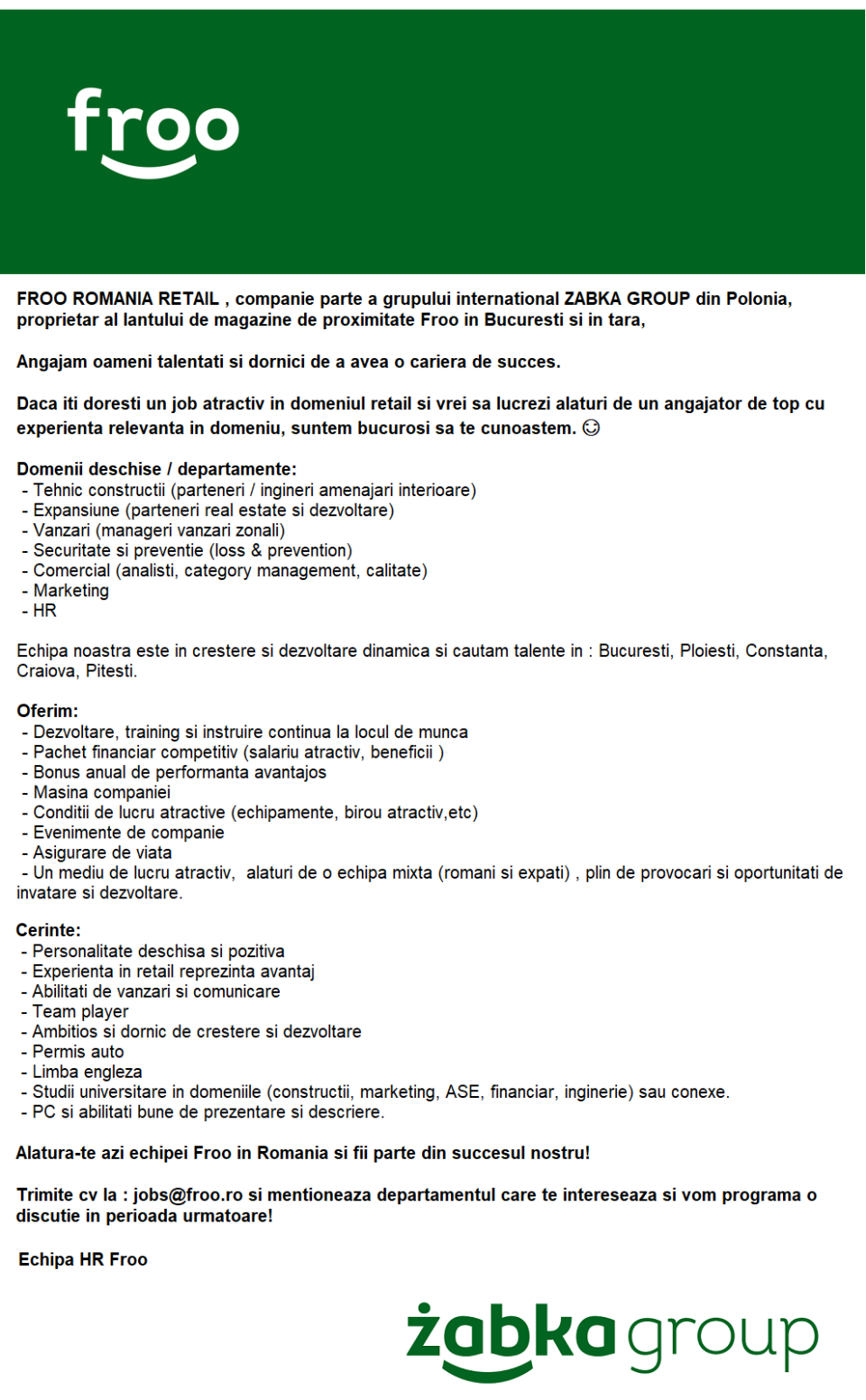 Oportunitati atractive de angajare in Froo România ( zabka group)