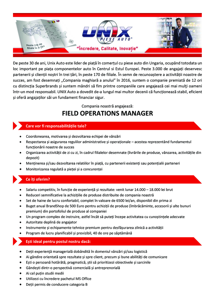 Field Operations Manager – venit brut 14.000 – 18.000 lei