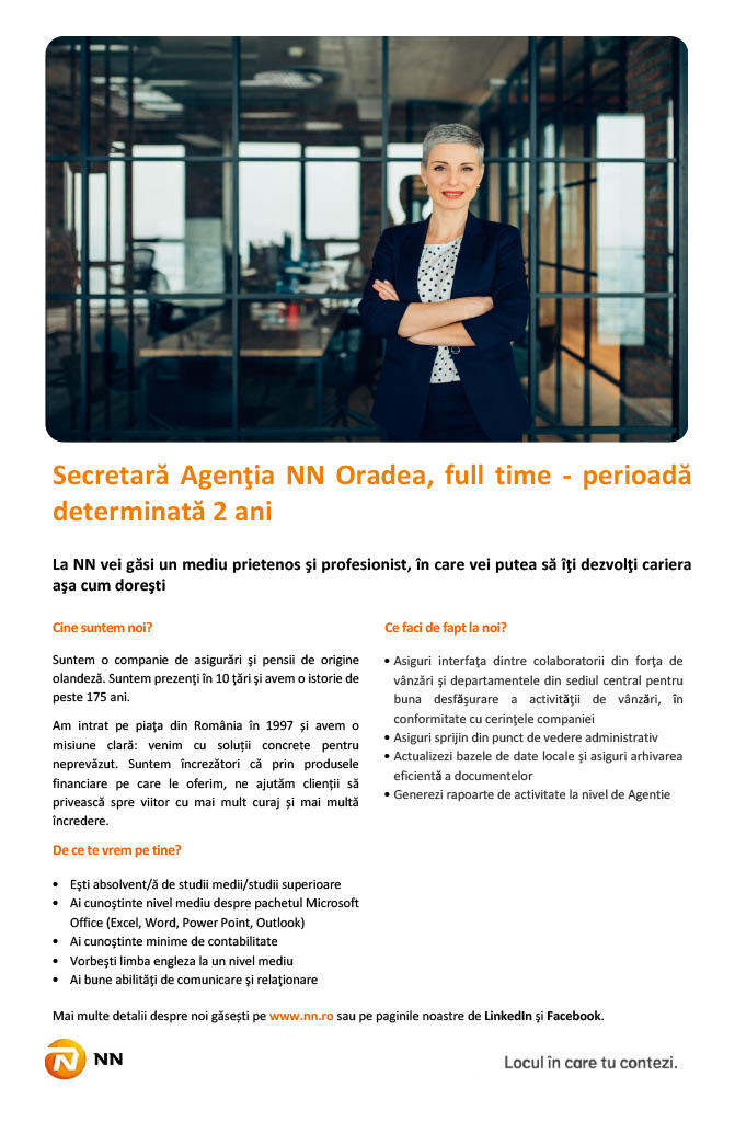 Secretara Agentie Oradea - full time, perioada de 2 ani