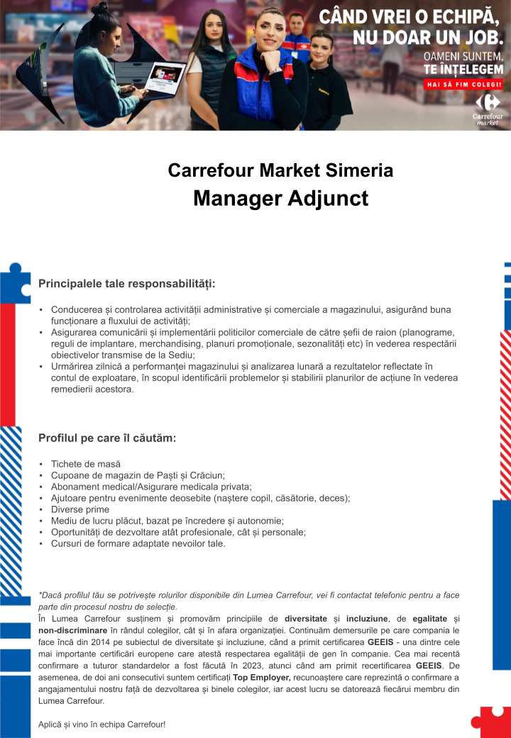 Manager Adjunct la Carrefour Market Simeria