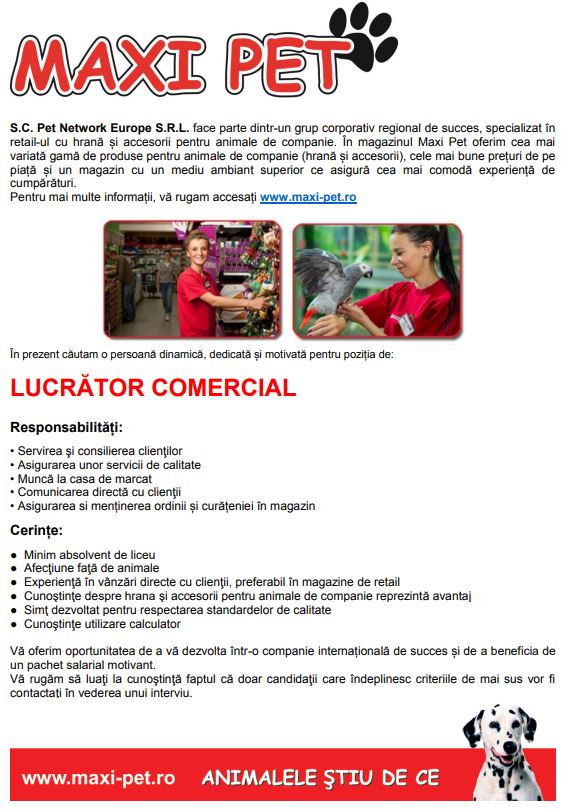 LUCRATOR COMERCIAL - Maxi Pet Ploiesti / Militari