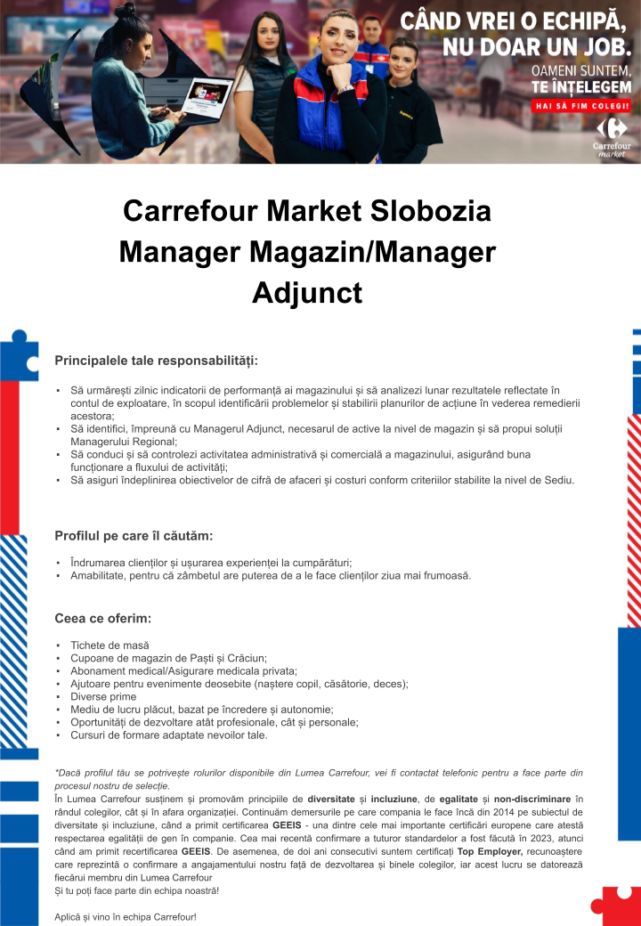 Manager magazin/manager adjunct Carrefour Market Slobozia