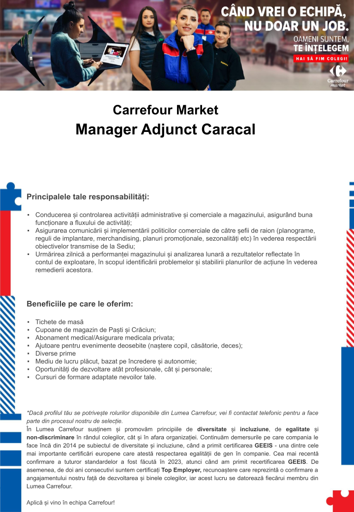 Cautam Manager Adjunct la noul supermarket Carrefour Caracal