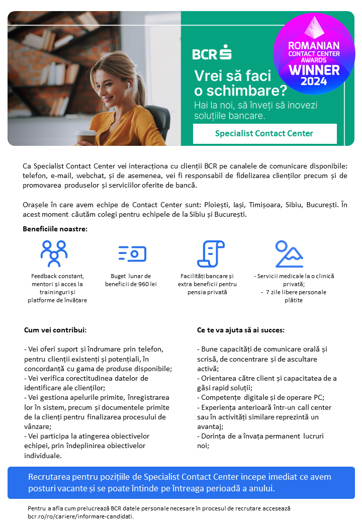 Specialist Contact Center - Ploiesti, Timisoara, Iasi