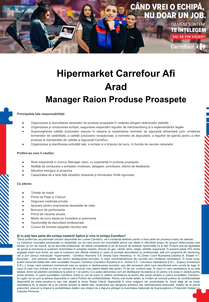 Manager raion produse proaspete Hipermarket Carrefour Arad