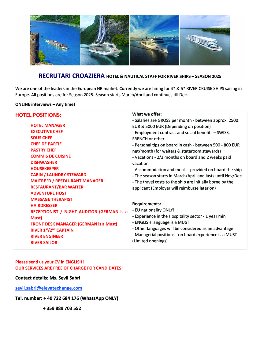 RECRUTARI CROAZIERA  HOTEL & NAUTICAL STAFF FOR RIVER SHIPS – SEASON 2025