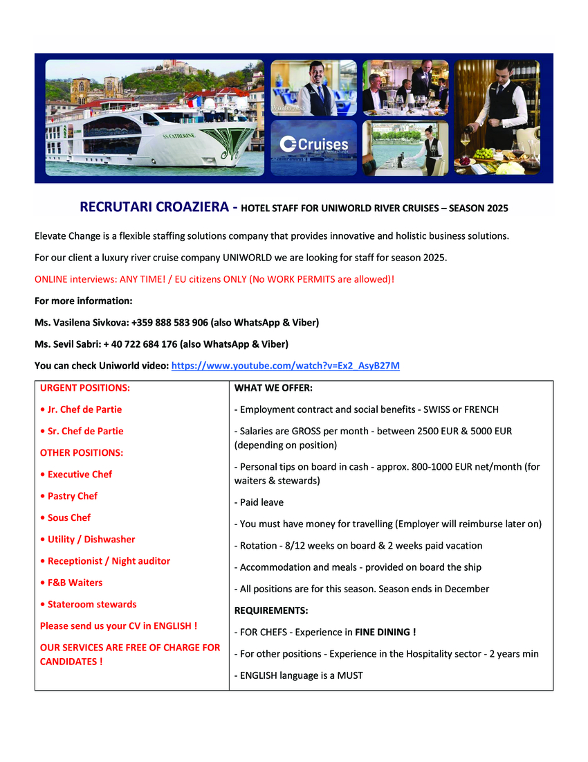 RECRUTARI CROAZIERA HOTEL STAFF FOR UNIWORLD RIVER CRUISES – SEASON 2025