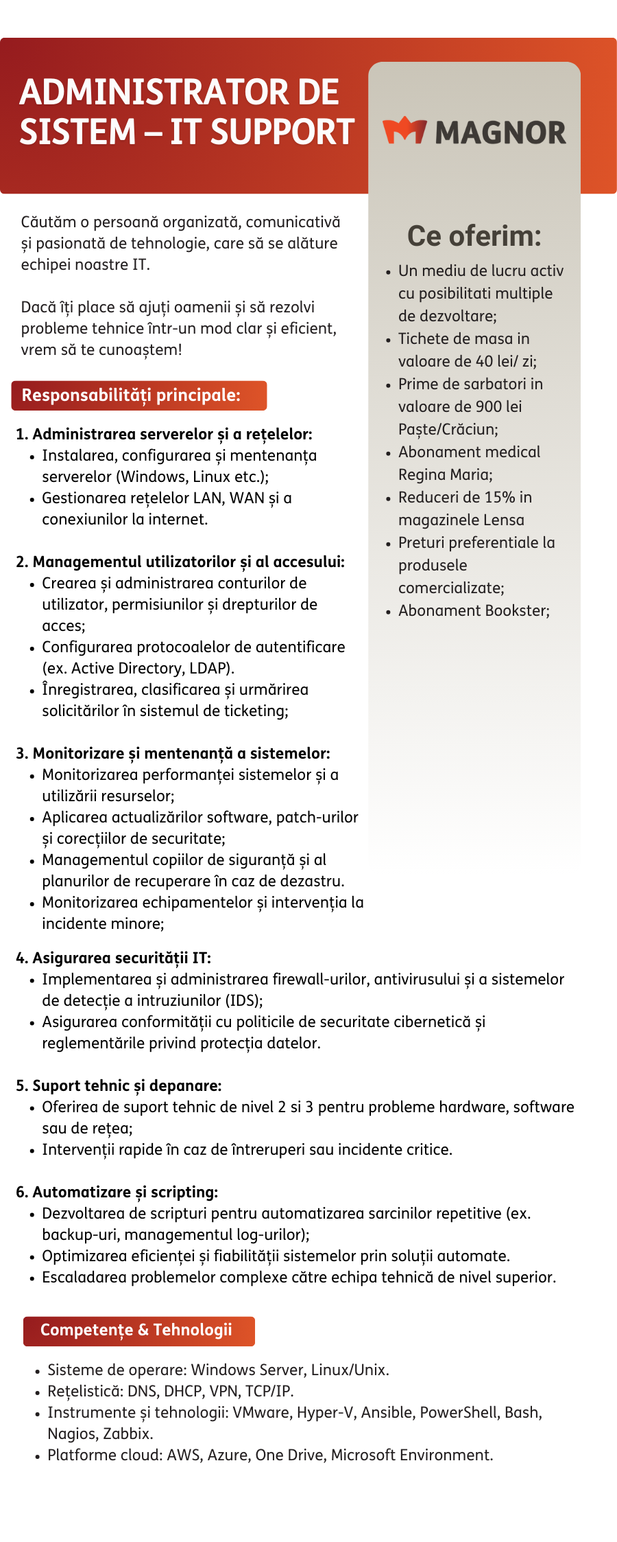 Administrator de Sistem – IT Support