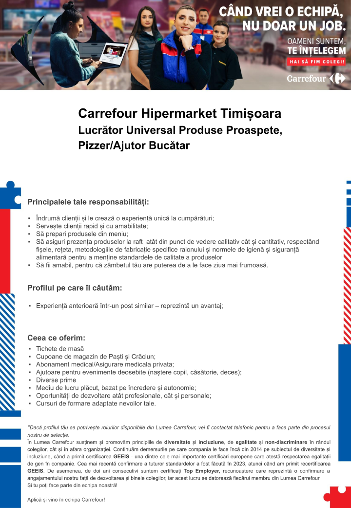 Ajutor bucatar/pizzer/produse proaspete-Carrefour Timisoara
