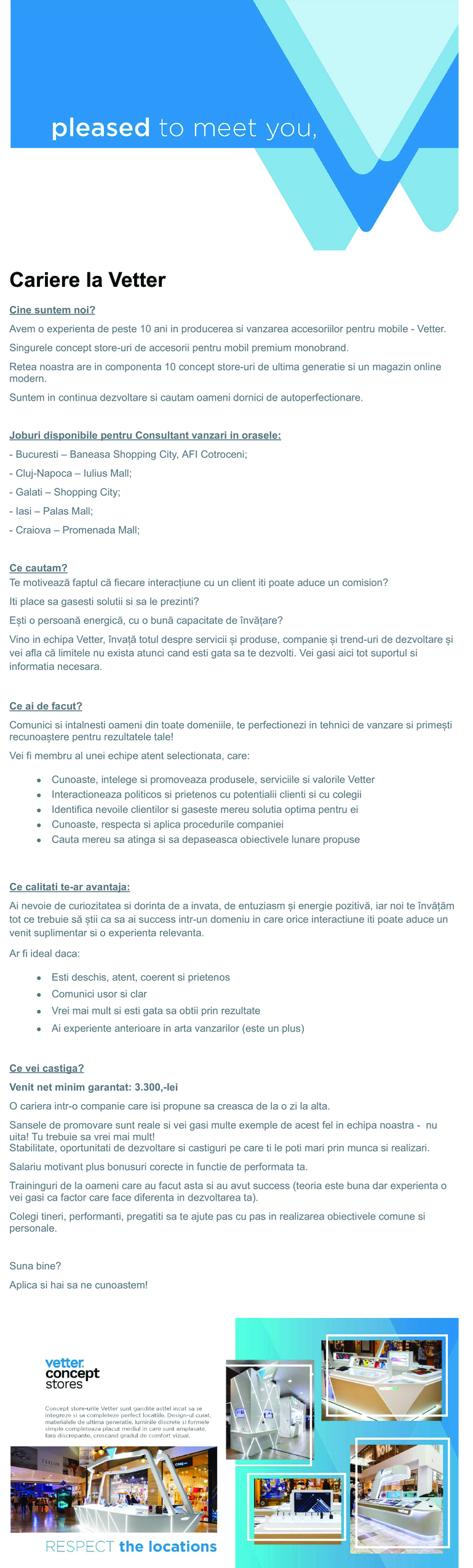 Consultant Vanzari Concept Store VETTER