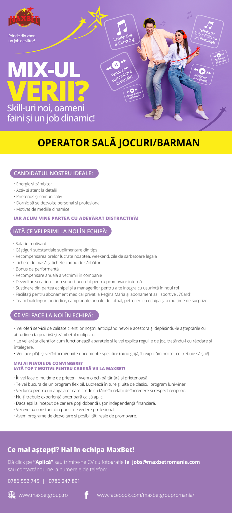 Barman Operator sala jocuri, venit 3600-3650 lei net+bonus+tips