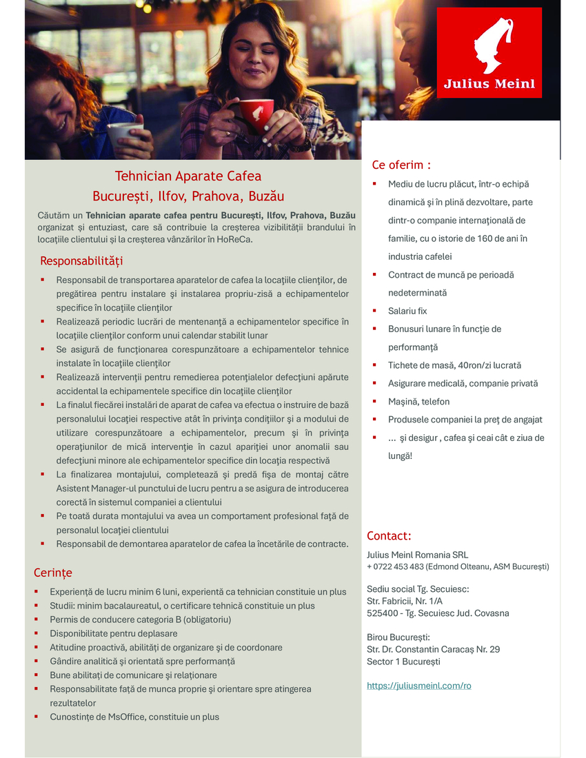 TEHNICIAN APARATE CAFEA BUCURESTI, ILFOV, PRAHOVA, BUZAU