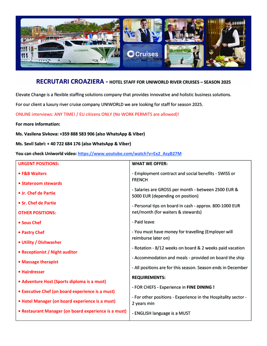 RECRUTARI CROAZIERA HOTEL STAFF FOR UNIWORLD RIVER CRUISES – SEASON 2025