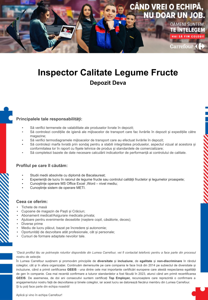 Inspector Calitate Legume Fructe - Depozit Carrefour Deva