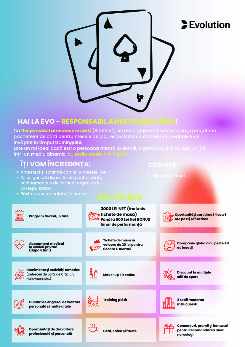 Shuffler (Responsabil amestecare cărți) 3000 RON net + BONUS