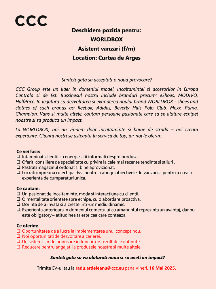Asistent Vânzări Full Time/Part time WORLDBOX Cisnadie