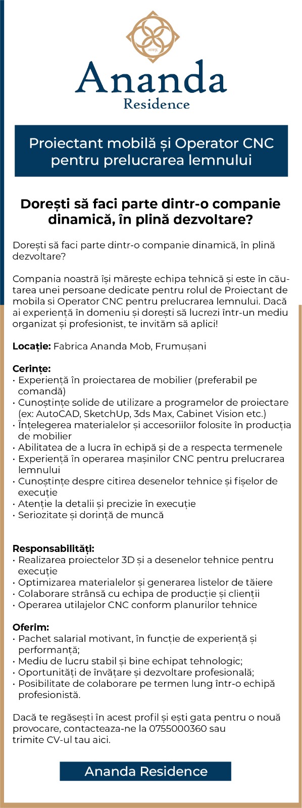 Proiectant mobilă și Operator CNC pentru prelucrarea lemnului