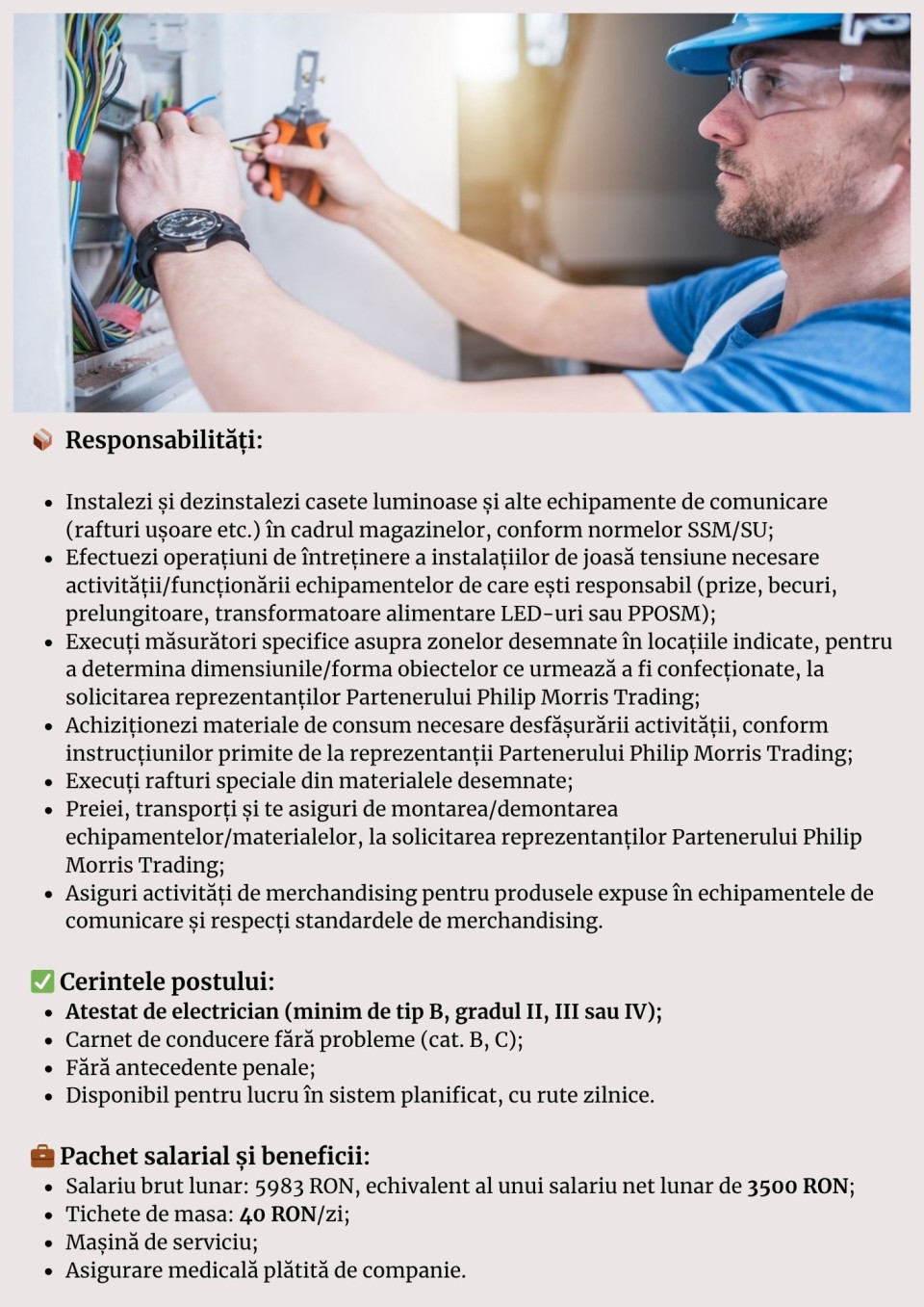 Electrician întreținere și reparații-Philip Morris-Craiova