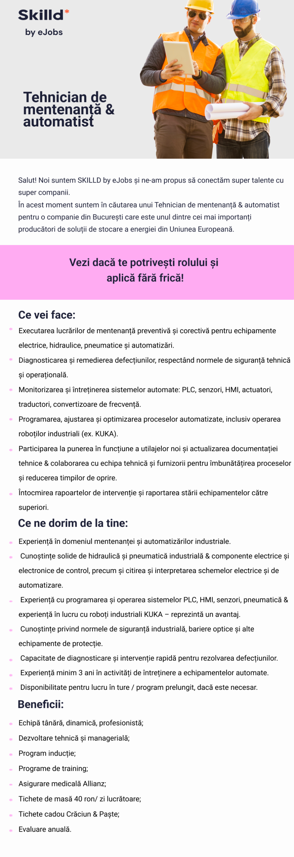 Tehnician de mentenanță & automatist