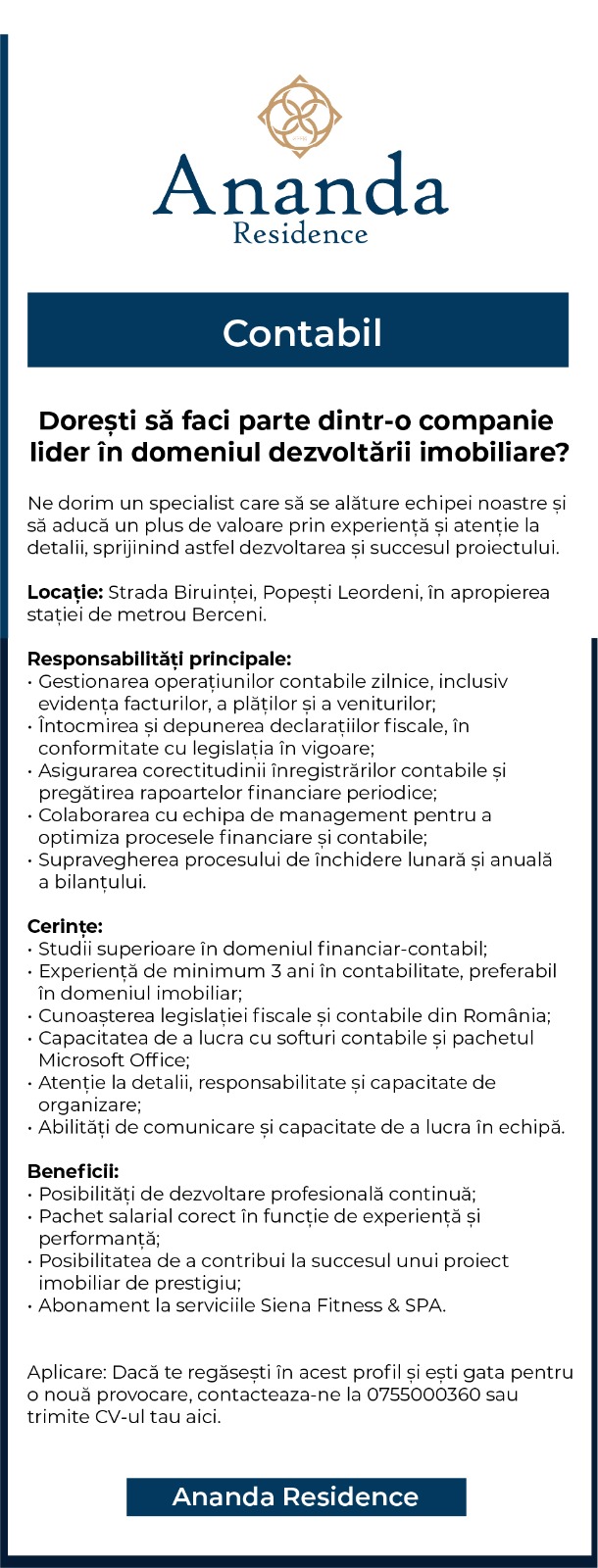 Contabil cu experienta, preferabil in domeniul Constructiilor/ Imobiliar
