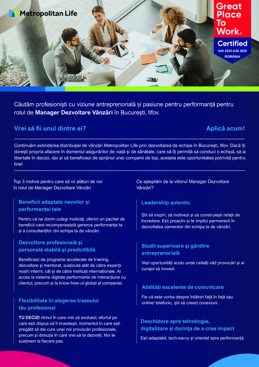 Manager Dezvoltare Vânzări București, Ilfov