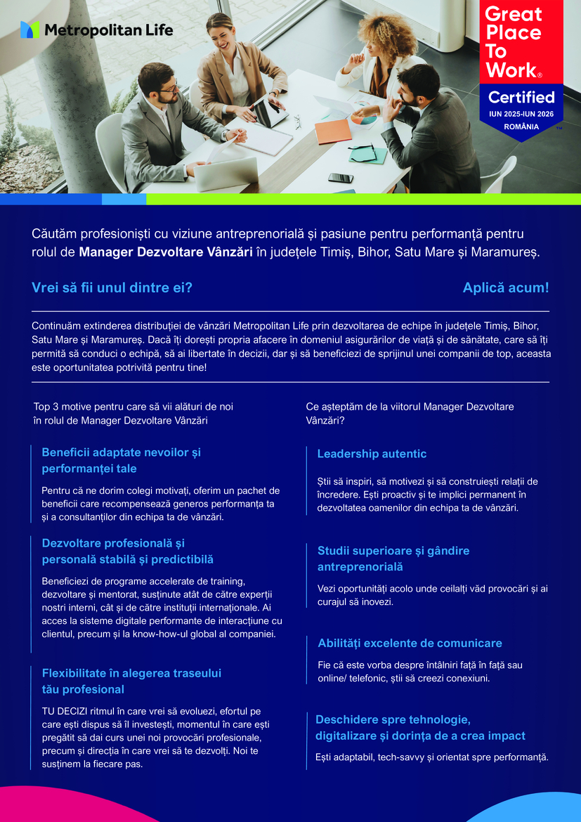 Manager Dezvoltare Vânzări Timis,Bihor, Satu Mare, Maramures