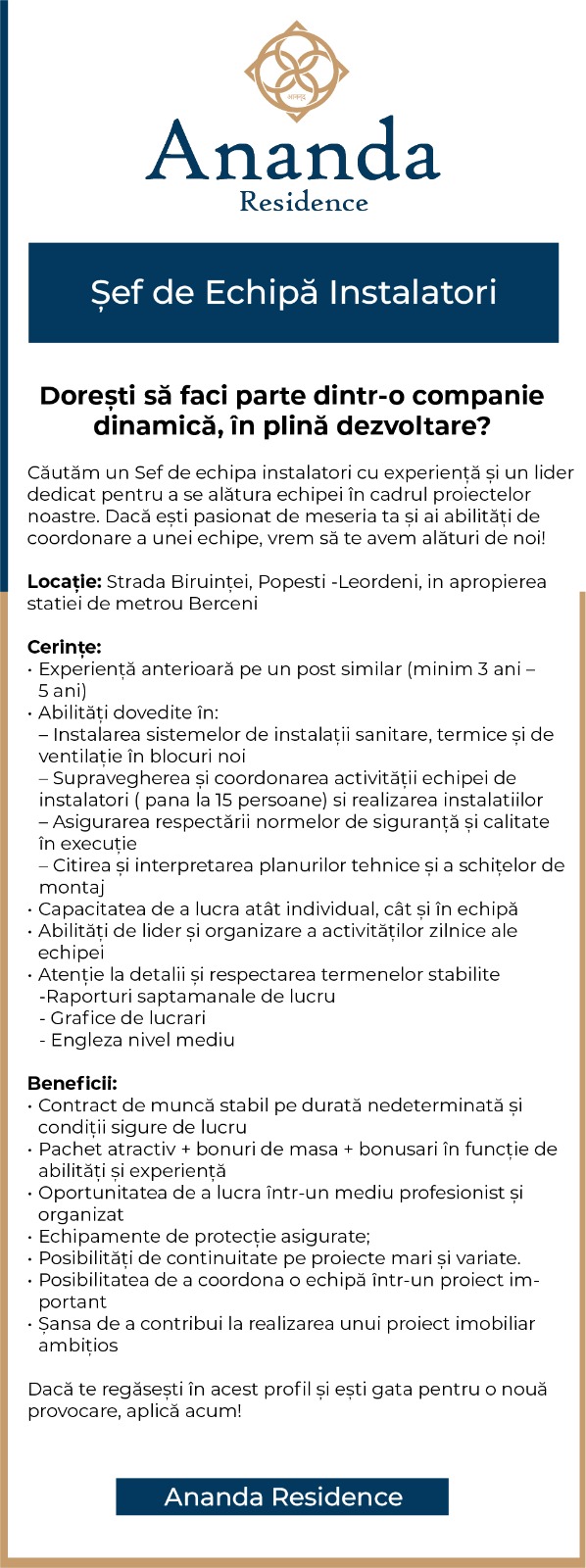 Şef de Echipă Instalatori