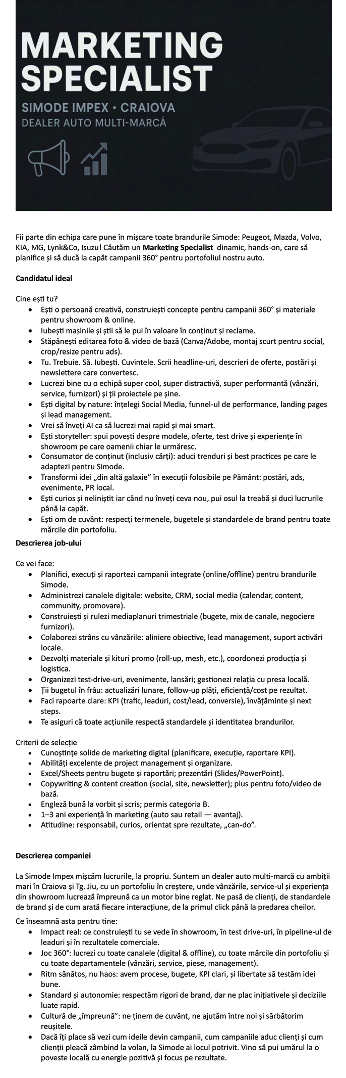 MARKETING SPECIALIST - CRAIOVA