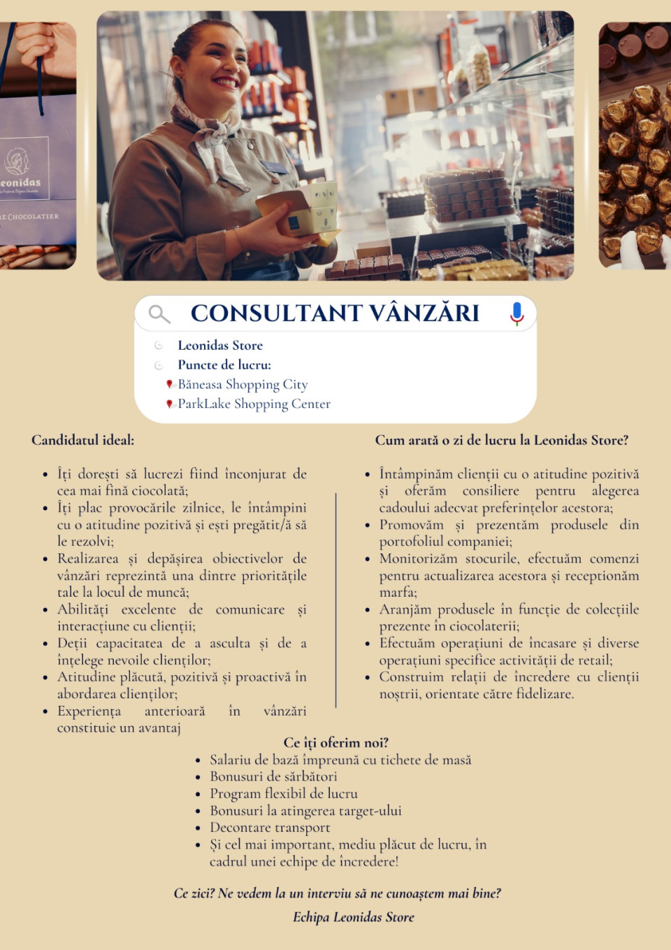 Consultant vanzari Leonidas - Mall Baneasa si Mall ParkLake