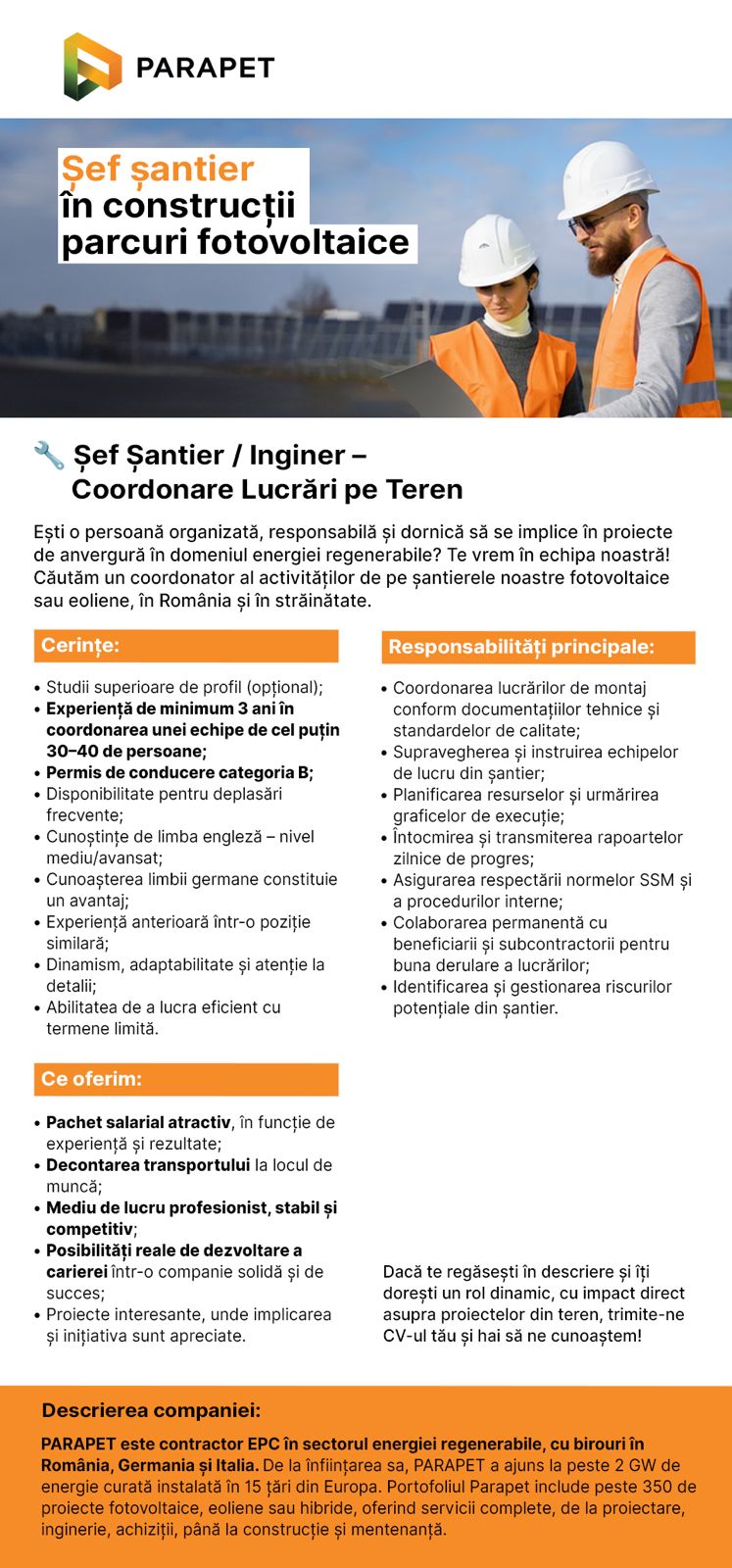 Sef Santier in constructii Parcuri Fotovoltaice