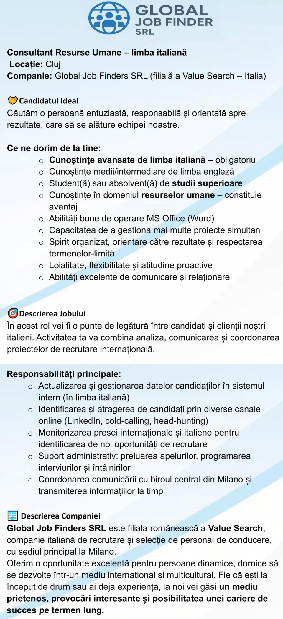 Consultant resurse umane Limba Italiana in Cluj Napoca