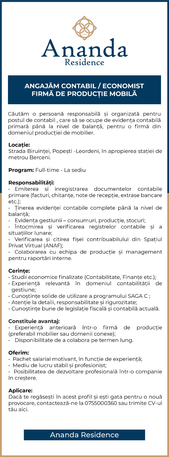 Contabil / Economist – cu experiență pe Producție în Saga