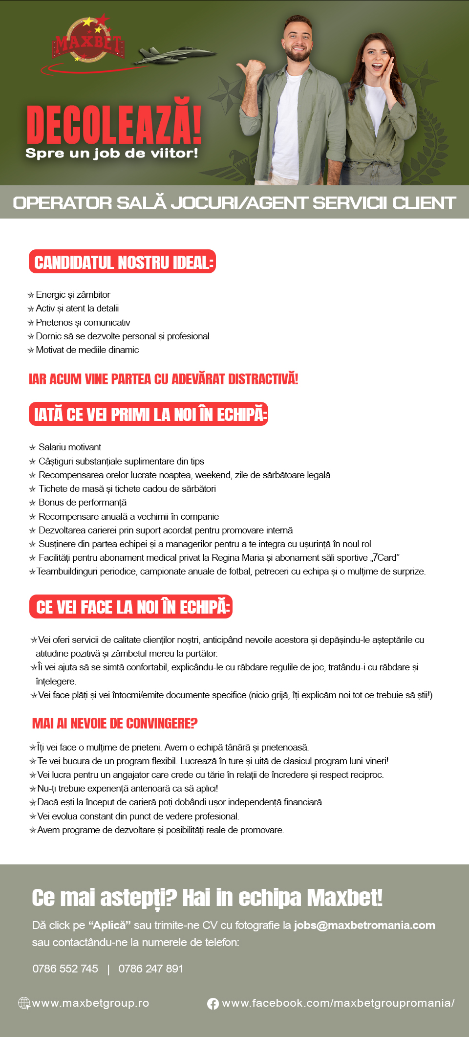 Operator sala jocuri / Agent Servicii Client venit 3600-3650 lei net+bonus+tips