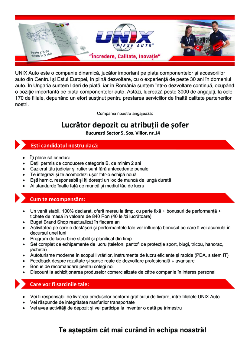 Lucrător Depozit cu atribuții de șofer - Bucuresti Sector 5
