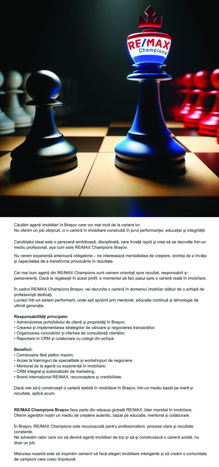 Agent imobiliar – RE/MAX Champions | Recrutăm 2 performeri