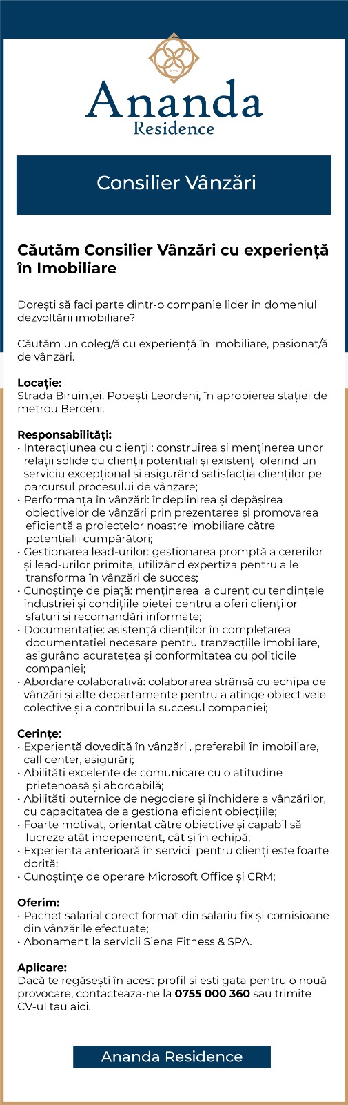 Consilier Vânzări cu experienta in domeniul Imobiliar